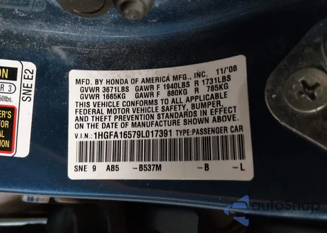 2009 Honda Civic Lx z USA, uszkodzony, nr VIN 1HGFA16579L017391